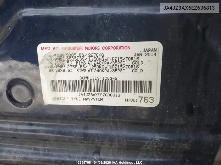 2014 Mitsubishi Outlander Se VIN: JA4JZ3AX6EZ606813 Lot: 12585798