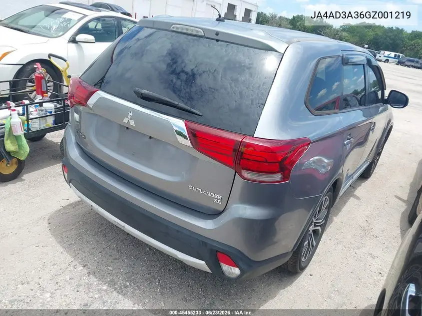 2016 Mitsubishi Outlander Se VIN: JA4AD3A36GZ001219 Lot: 45455233