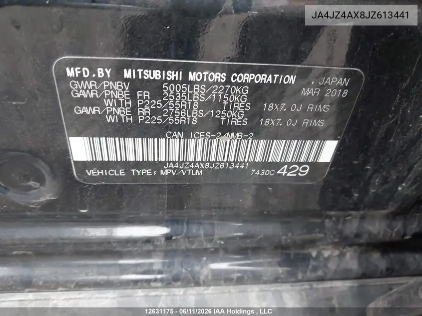 2018 Mitsubishi Outlander Gt VIN: JA4JZ4AX8JZ613441 Lot: 12631175