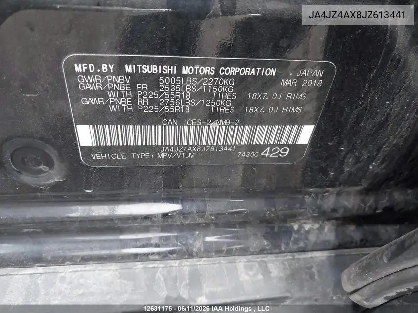 2018 Mitsubishi Outlander Gt VIN: JA4JZ4AX8JZ613441 Lot: 12631175