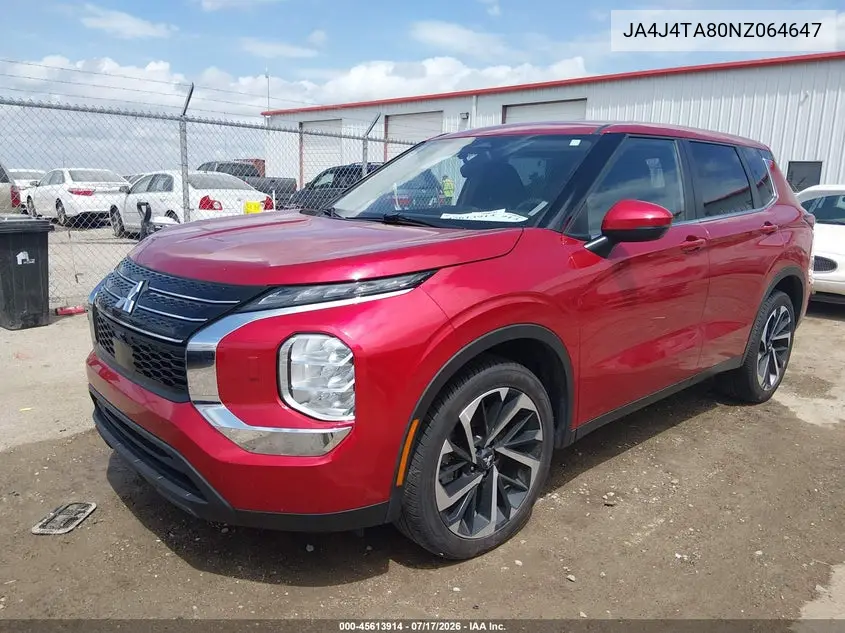 2022 Mitsubishi Outlander Es 2.5 S-Awc VIN: JA4J4TA80NZ064647 Lot: 45613914