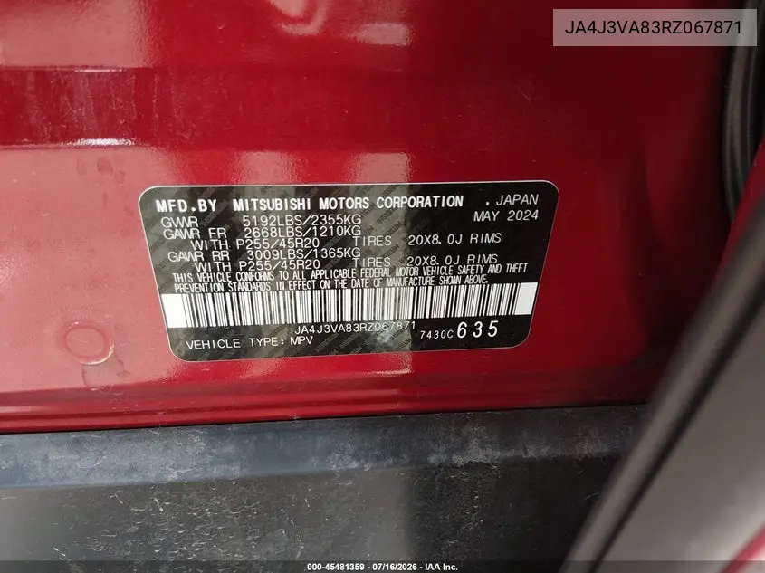 2024 Mitsubishi Outlander Se 2.5 2Wd/Se Black Edition S-Awc/Se Black Edition W/Pano Roof S-Awc VIN: JA4J3VA83RZ067871 Lot: 45481359