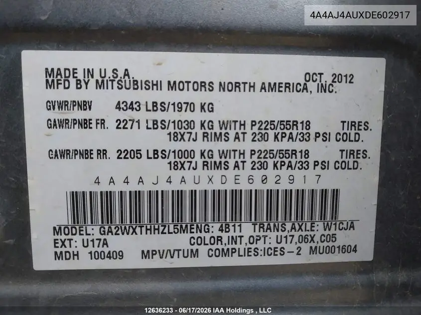 2013 Mitsubishi Rvr Gt VIN: 4A4AJ4AUXDE602917 Lot: 12636233x