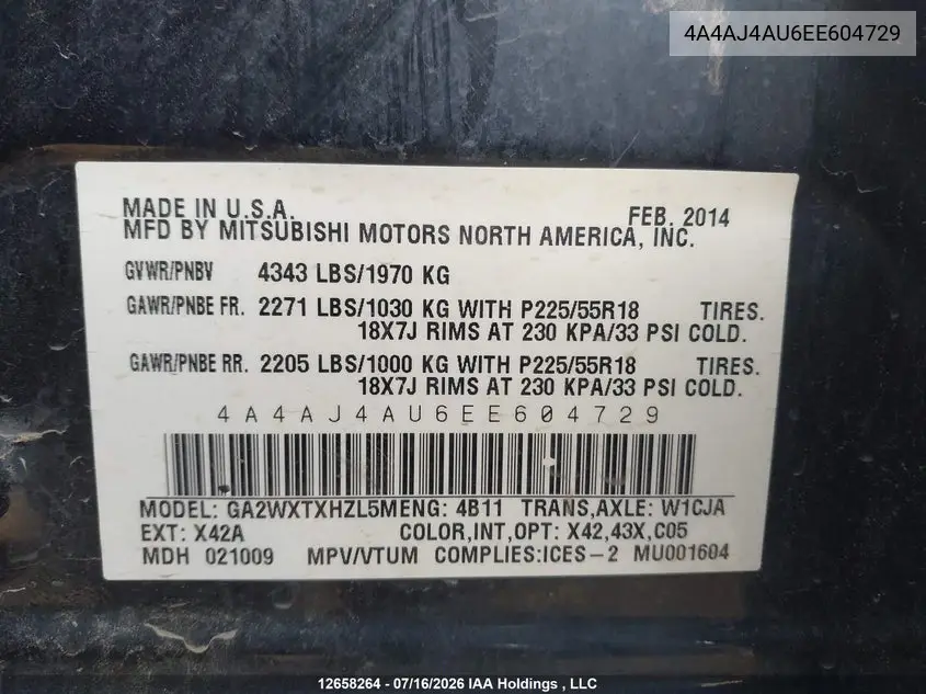 2014 Mitsubishi Rvr Gt VIN: 4A4AJ4AU6EE604729 Lot: 12658264