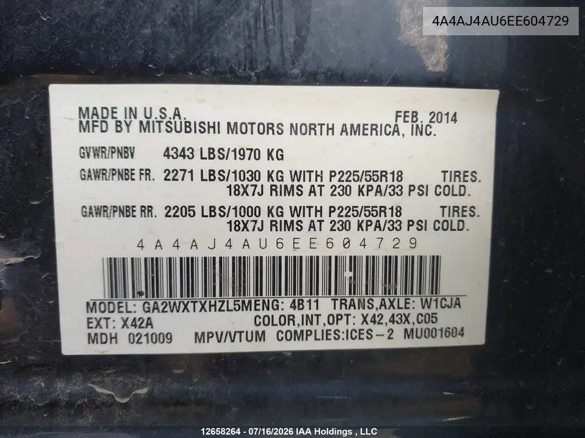 2014 Mitsubishi Rvr Gt VIN: 4A4AJ4AU6EE604729 Lot: 12658264