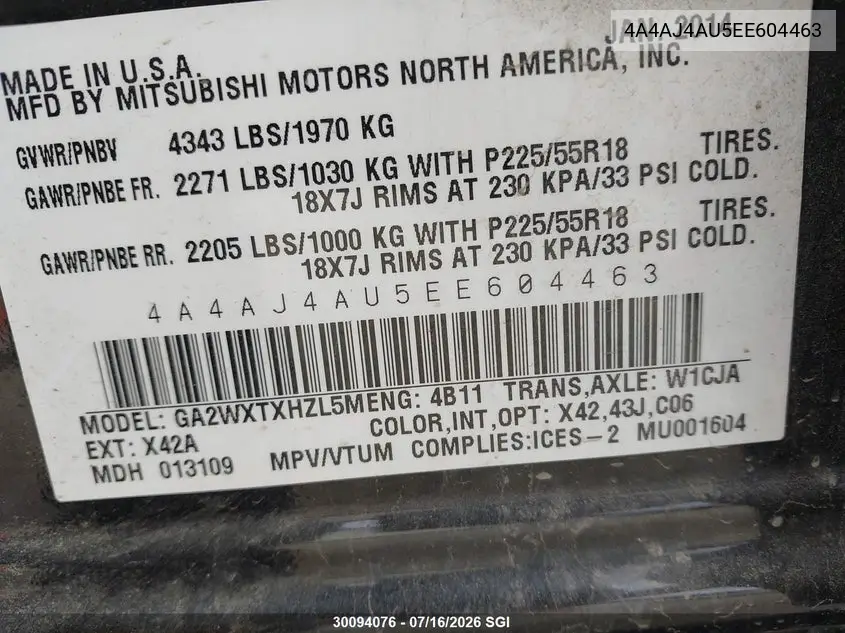2014 Mitsubishi Rvr Gt VIN: 4A4AJ4AU5EE604463 Lot: 30094076