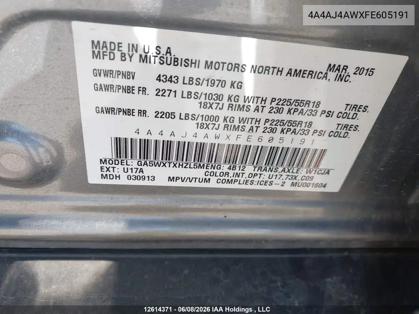 2015 Mitsubishi Rvr Gt VIN: 4A4AJ4AWXFE605191 Lot: 12614371