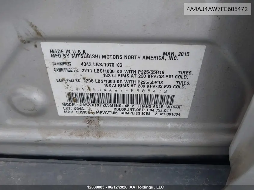 2015 Mitsubishi Rvr Gt VIN: 4A4AJ4AW7FE605472 Lot: 12630883