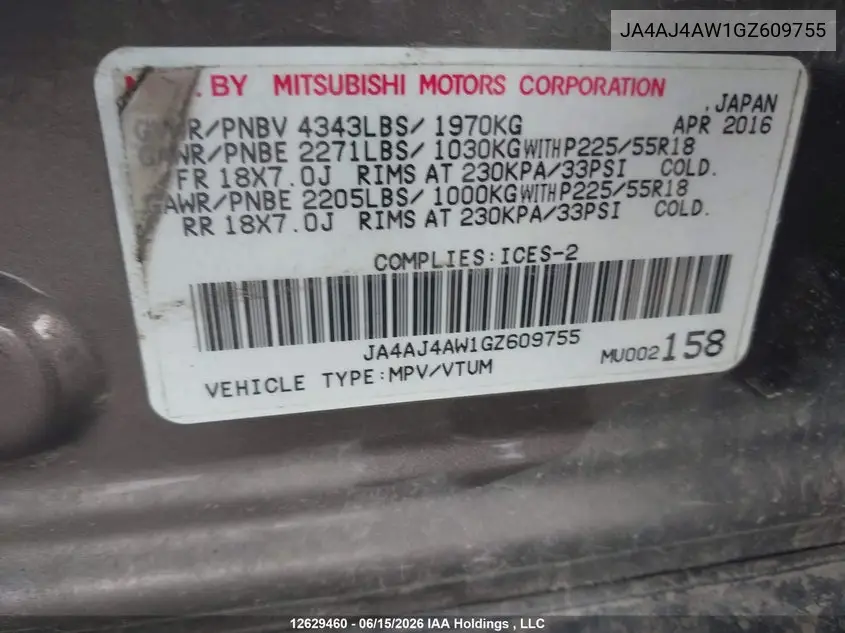 2016 Mitsubishi Rvr Gt VIN: JA4AJ4AW1GZ609755 Lot: 12629460