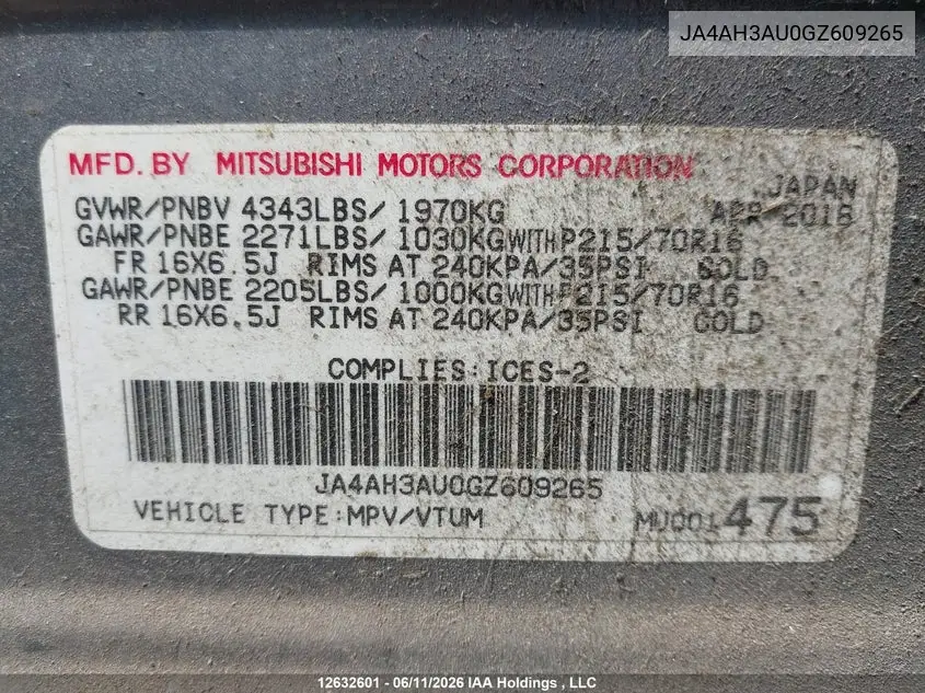 2016 Mitsubishi Rvr Se/Es VIN: JA4AH3AU0GZ609265 Lot: 12632601