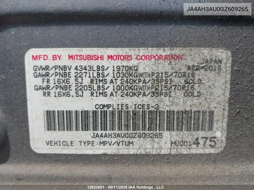 2016 Mitsubishi Rvr Se/Es VIN: JA4AH3AU0GZ609265 Lot: 12632601