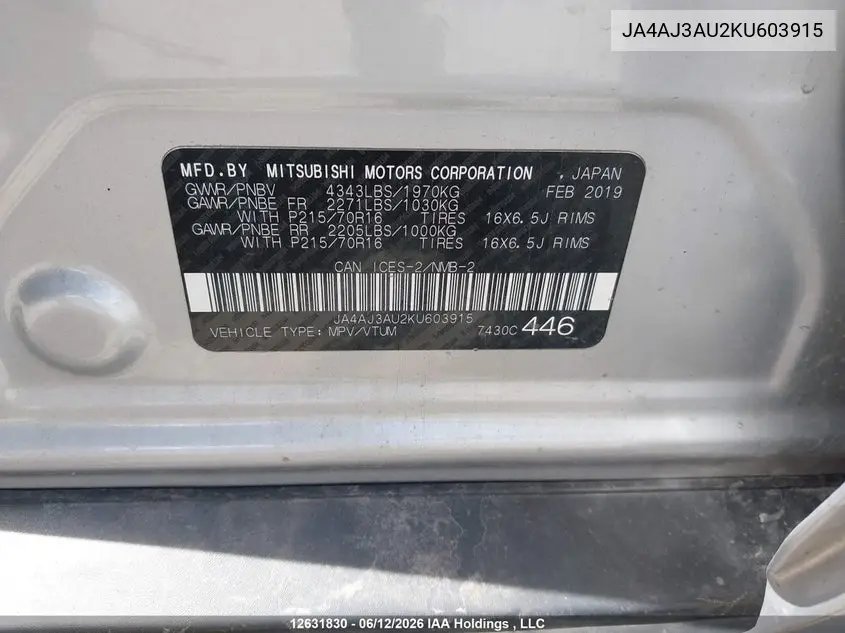 2019 Mitsubishi Rvr Se/Se Black Edition/Se Limited Edition VIN: JA4AJ3AU2KU603915 Lot: 12631830