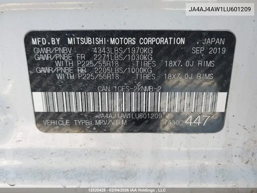 2020 Mitsubishi Rvr VIN: JA4AJ4AW1LU601209 Lot: 12525428