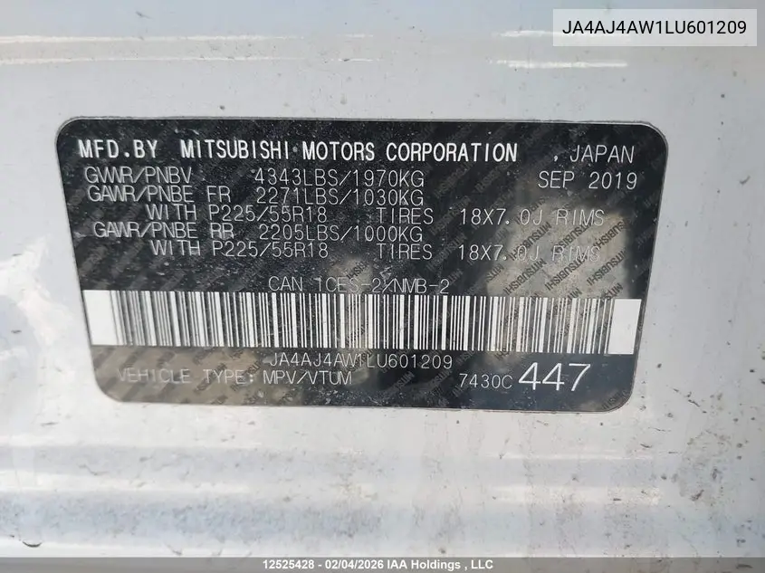 2020 Mitsubishi Rvr VIN: JA4AJ4AW1LU601209 Lot: 12525428
