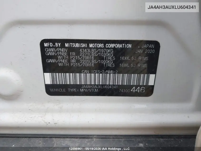 2020 Mitsubishi Rvr Se/Es VIN: JA4AH3AUXLU604341 Lot: 12598961