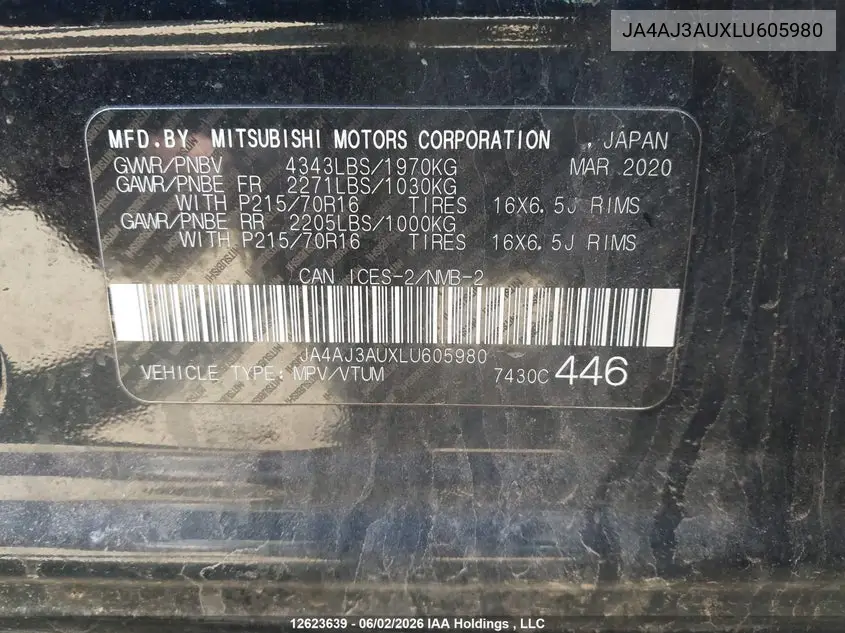 2020 Mitsubishi Rvr VIN: JA4AJ3AUXLU605980 Lot: 12623639