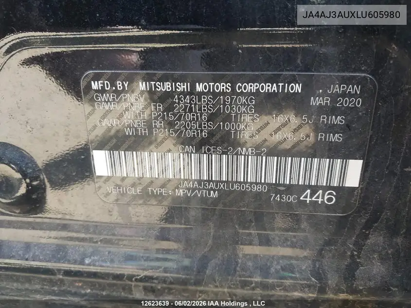 2020 Mitsubishi Rvr VIN: JA4AJ3AUXLU605980 Lot: 12623639