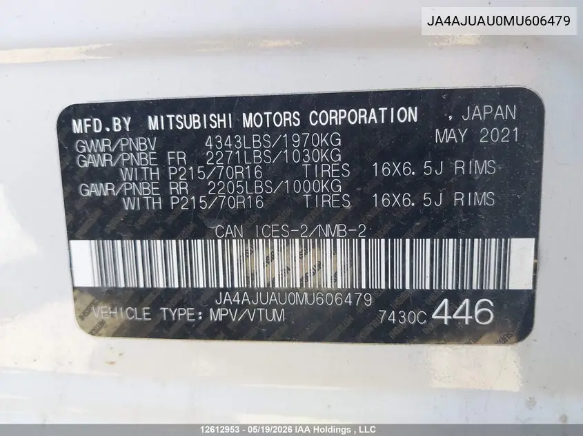 2021 Mitsubishi Rvr Es VIN: JA4AJUAU0MU606479 Lot: 12612953