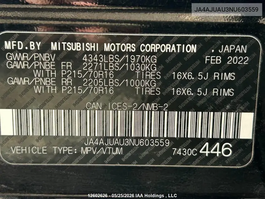 2022 Mitsubishi Rvr Es VIN: JA4AJUAU3NU603559 Lot: 12602626