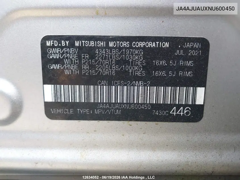 2022 Mitsubishi Rvr Es VIN: JA4AJUAUXNU600450 Lot: 12634052x