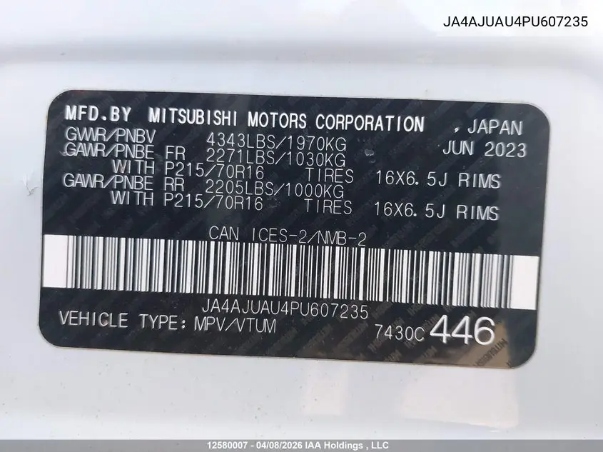 2023 Mitsubishi Rvr Es VIN: JA4AJUAU4PU607235 Lot: 12580007