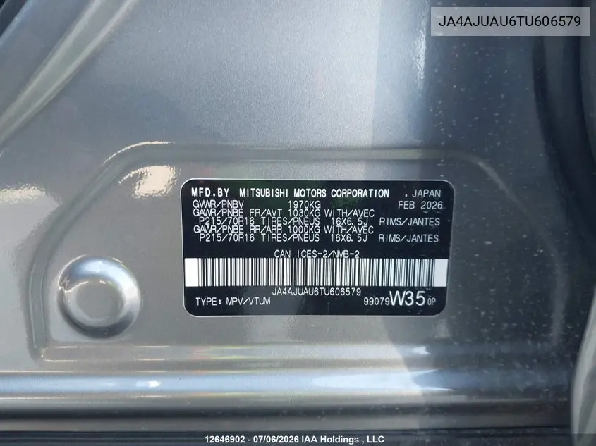 2026 Mitsubishi Rvr Es VIN: JA4AJUAU6TU606579 Lot: 12646902