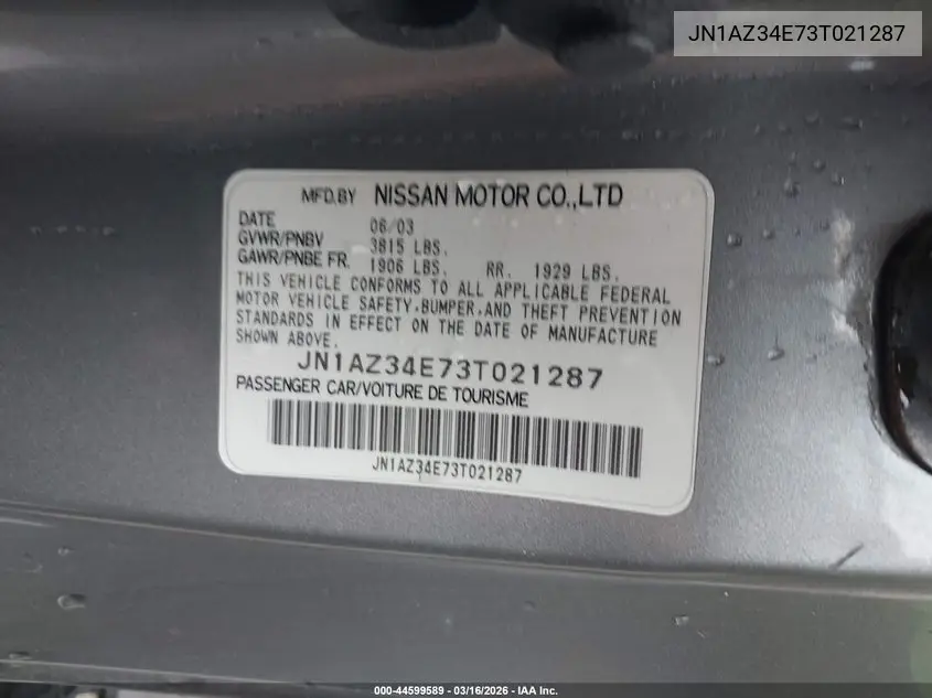 2003 Nissan 350Z Touring VIN: JN1AZ34E73T021287 Lot: 44599589