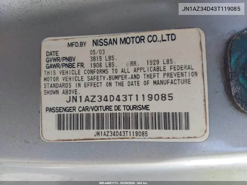 2003 Nissan 350Z Enthusiast VIN: JN1AZ34D43T119085 Lot: 44651173