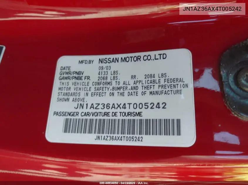 2004 Nissan 350Z Touring VIN: JN1AZ36AX4T005242 Lot: 44934050