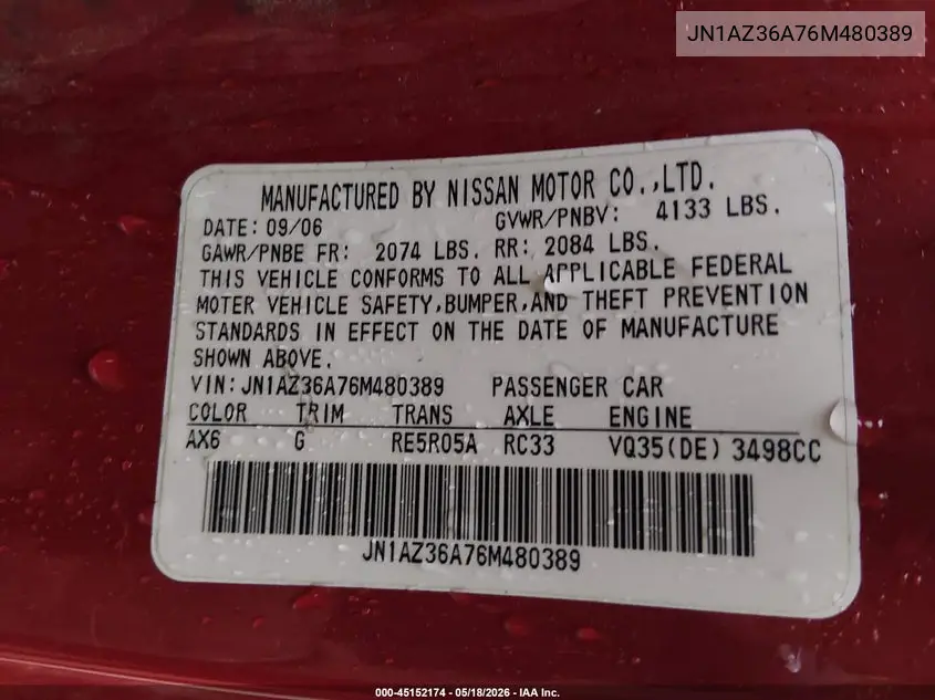 2006 Nissan 350Z Touring VIN: JN1AZ36A76M480389 Lot: 45152174