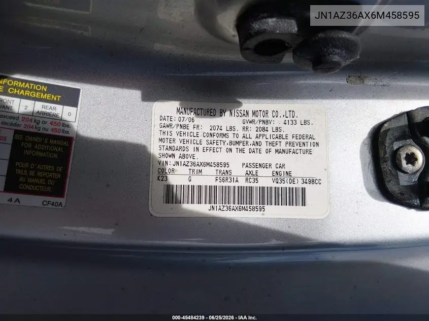 2006 Nissan 350Z Touring VIN: JN1AZ36AX6M458595 Lot: 45484239