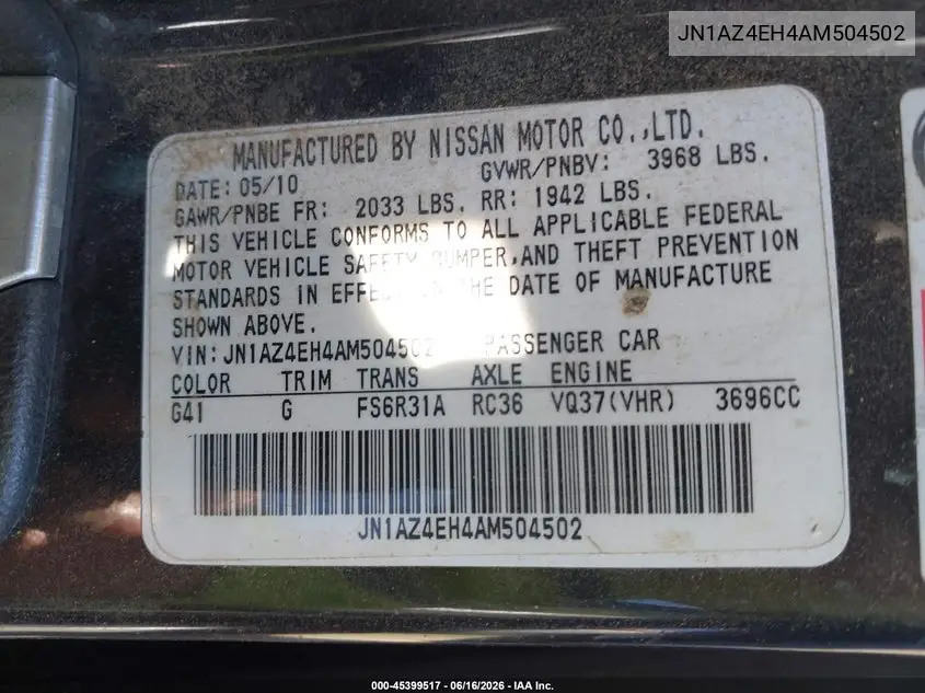 2010 Nissan 370Z Touring VIN: JN1AZ4EH4AM504502 Lot: 45399517