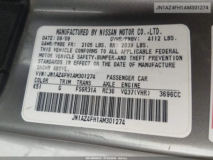 2010 Nissan 370Z Touring VIN: JN1AZ4FH1AM301274 Lot: 45540518