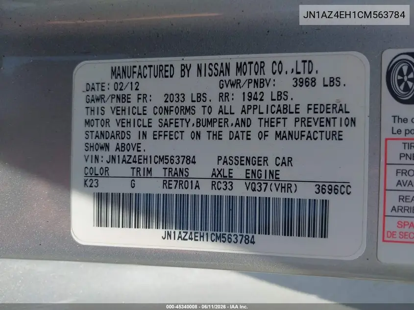 2012 Nissan 370Z VIN: JN1AZ4EH1CM563784 Lot: 45340008
