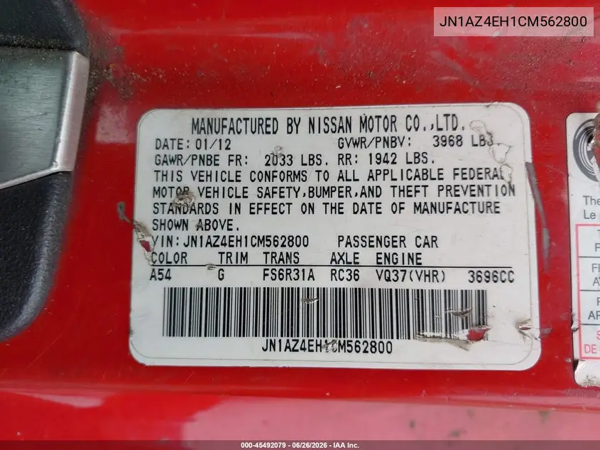 2012 Nissan 370Z VIN: JN1AZ4EH1CM562800 Lot: 45492079