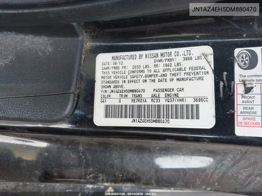 2013 Nissan 370Z VIN: JN1AZ4EH5DM880470 Lot: 45001146