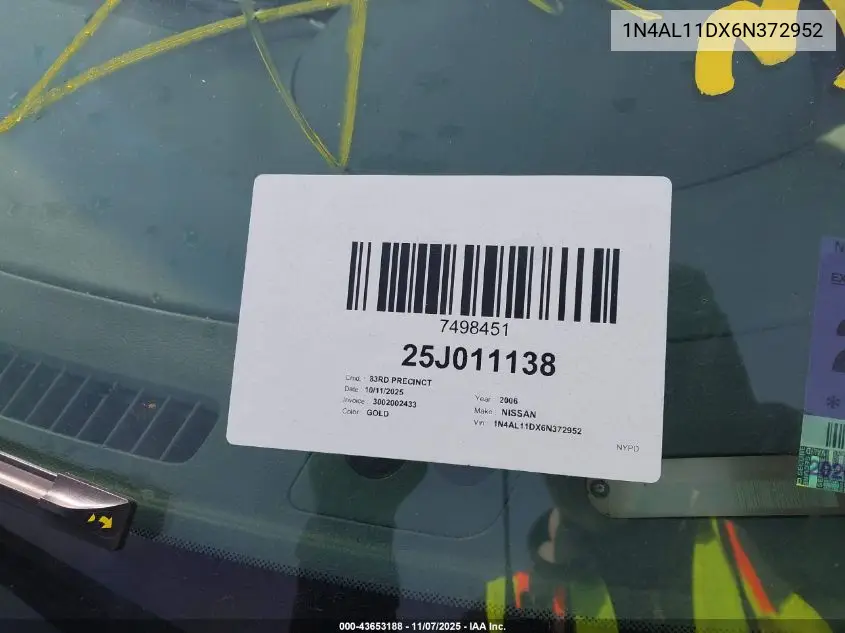 1N4AL11DX6N372952 2006 Nissan Altima 2.5 S