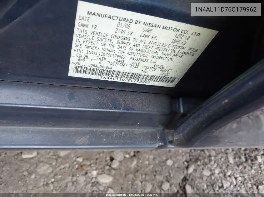 1N4AL11D76C179962 2006 Nissan Altima 2.5 S
