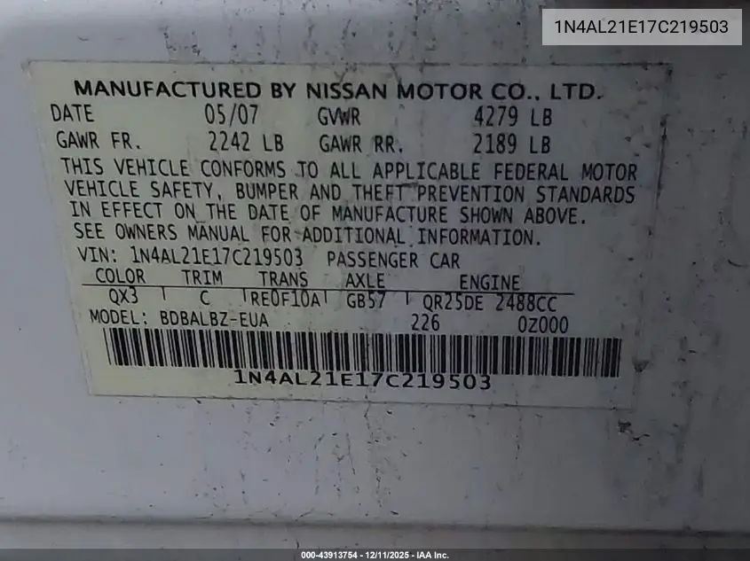 1N4AL21E17C219503 2007 Nissan Altima 2.5 S