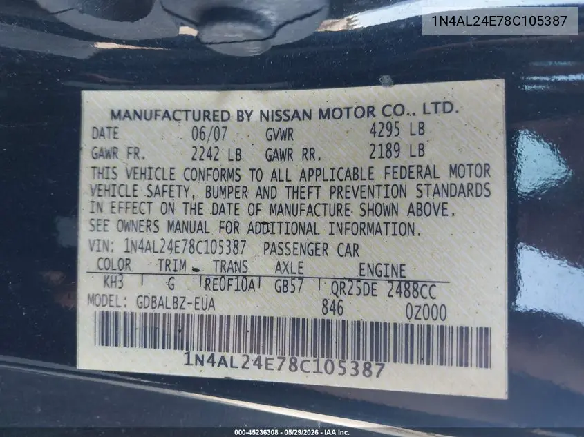 2008 Nissan Altima 2.5 S VIN: 1N4AL24E78C105387 Lot: 45236308