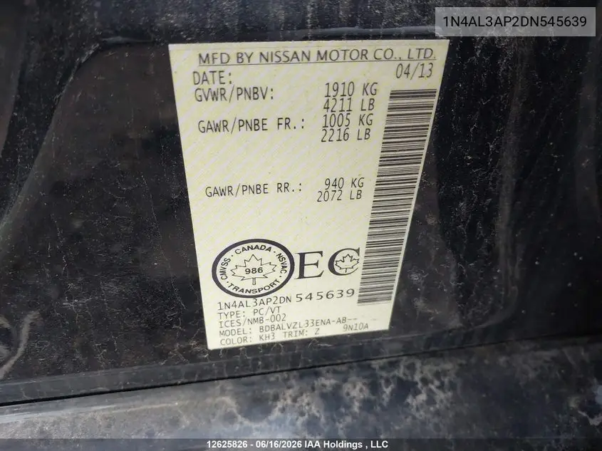 2013 Nissan Altima 2.5/S/Sv/Sl VIN: 1N4AL3AP2DN545639 Lot: 12625826