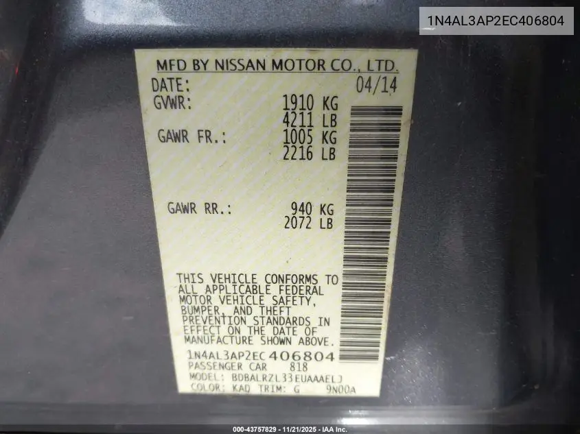 1N4AL3AP2EC406804 2014 Nissan Altima 2.5 S