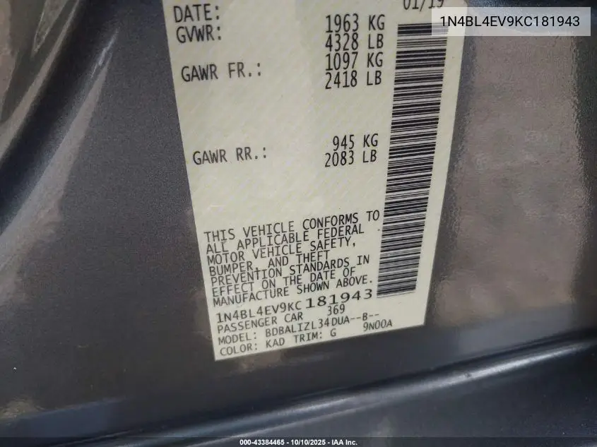 1N4BL4EV9KC181943 2019 Nissan Altima 2.5 Sl