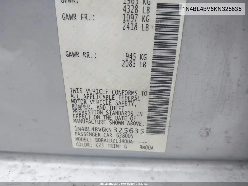 1N4BL4BV6KN325635 2019 Nissan Altima 2.5 S