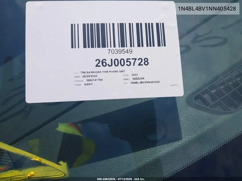 2022 Nissan Altima S Fwd VIN: 1N4BL4BV1NN405428 Lot: 45622026
