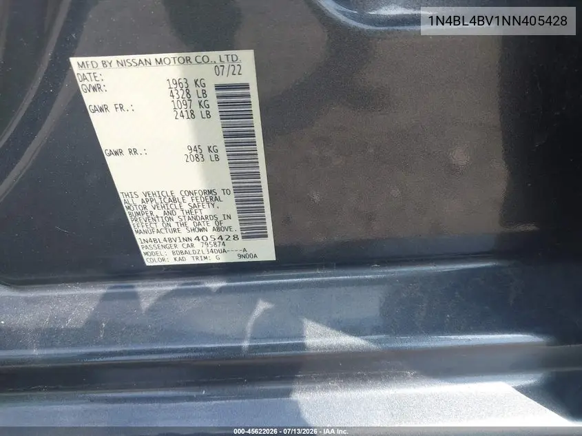 2022 Nissan Altima S Fwd VIN: 1N4BL4BV1NN405428 Lot: 45622026