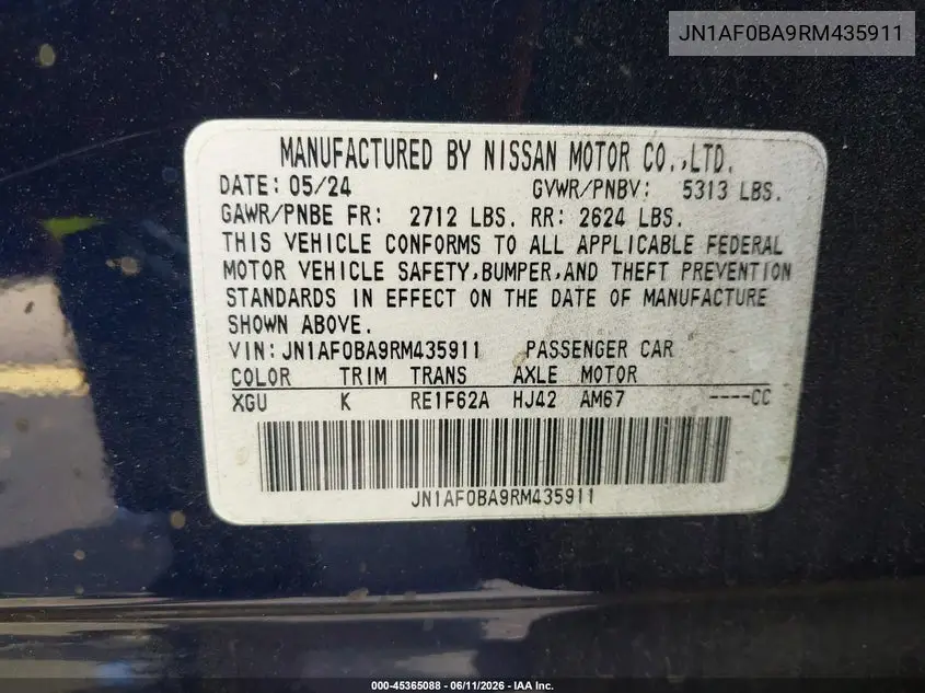 2024 Nissan Ariya Engage VIN: JN1AF0BA9RM435911 Lot: 45365088
