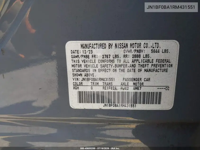 2024 Nissan Ariya Evolve+ VIN: JN1BF0BA1RM431551 Lot: 45655289