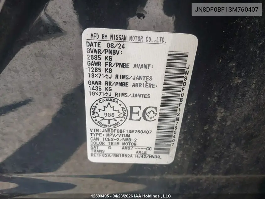2025 Nissan Ariya Evolve+/Engage + VIN: JN8DF0BF1SM760407 Lot: 12593495