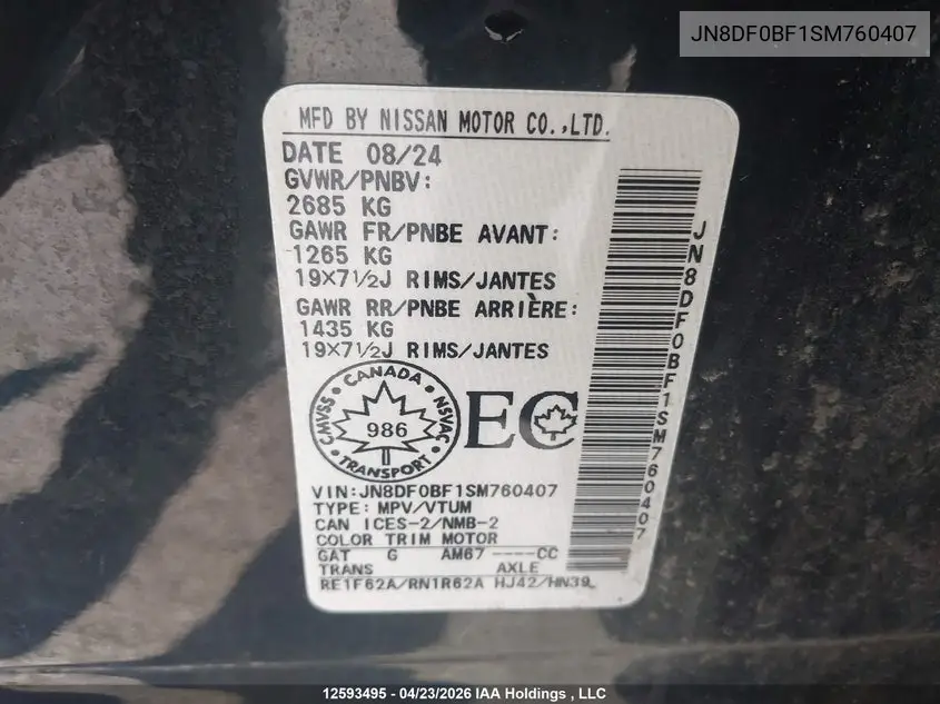 2025 Nissan Ariya Evolve+/Engage + VIN: JN8DF0BF1SM760407 Lot: 12593495